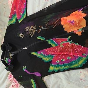 Valentina Signa Sheer Black Floral Butterfly Design lightweight jacket top